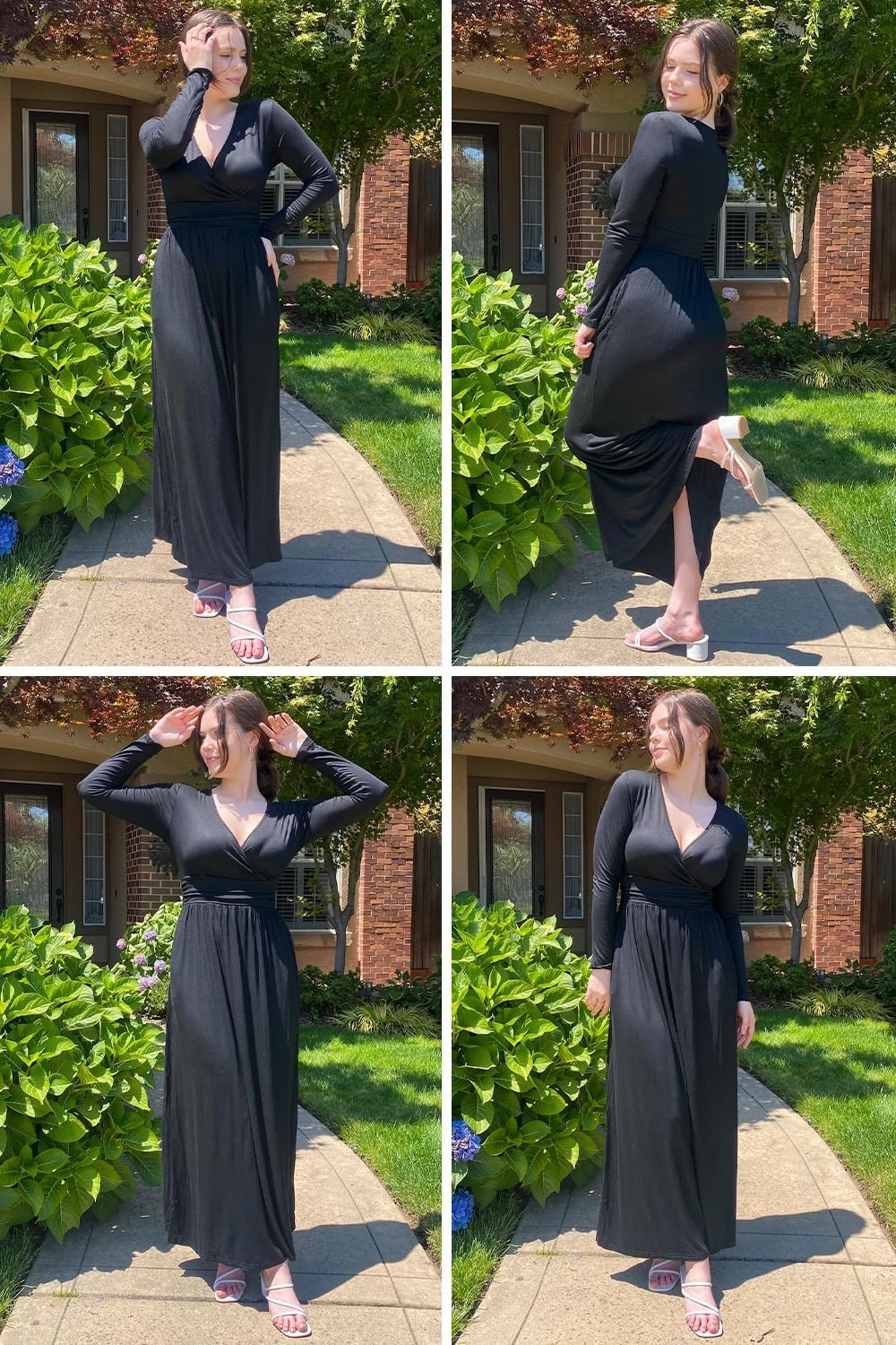 OUGES Women's Long/Short Sleeve V-Neck Wrap Waist Maxi Dress