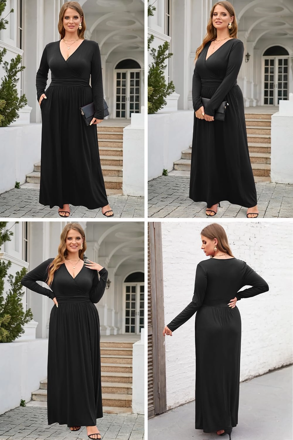 OUGES Women's Long/Short Sleeve V-Neck Wrap Waist Maxi Dress