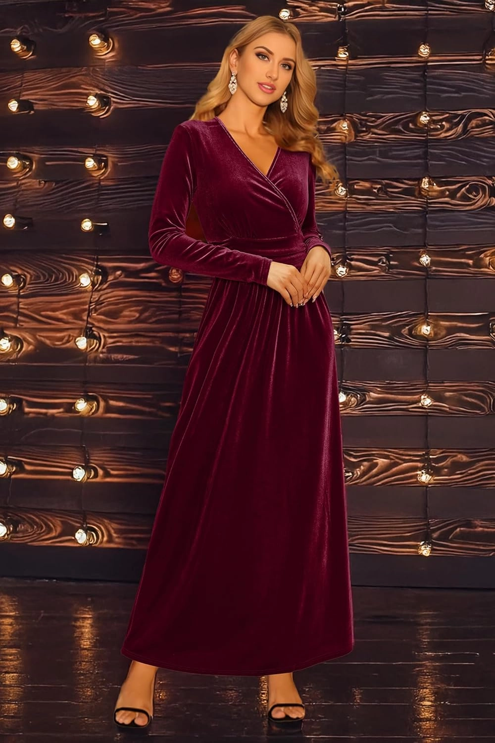 OUGES Women's Long/Short Sleeve V-Neck Wrap Waist Maxi Dress