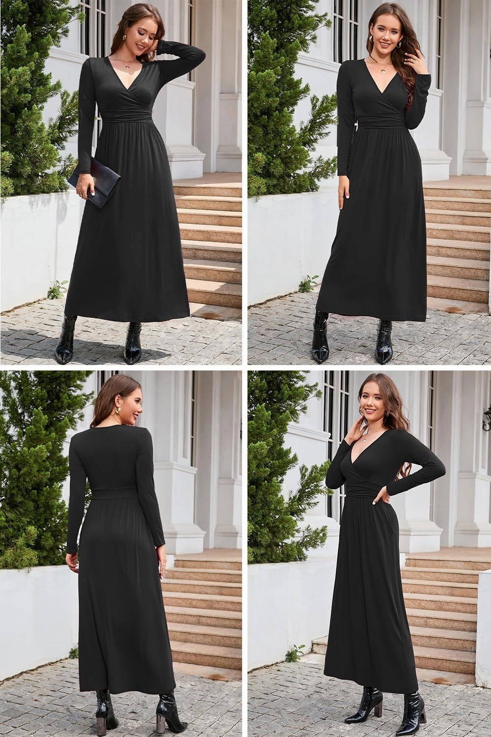 OUGES Women's Long/Short Sleeve V-Neck Wrap Waist Maxi Dress