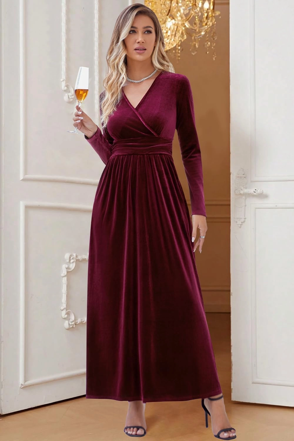 OUGES Women's Long/Short Sleeve V-Neck Wrap Waist Maxi Dress