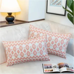 Pack of 2 Throw Pillow Cover 12x20 inch Decorative Accent Lumbar Pillowcase Embroidered Geometric Peachy Pink Empire Diamonds Motif Nectar Peach Pink and White Chic Peach Patterned Cushion Covers