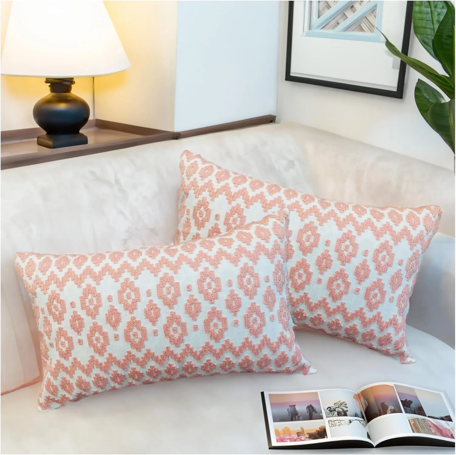 Pack of 2 Throw Pillow Cover 12x20 inch Decorative Accent Lumbar Pillowcase Embroidered Geometric Peachy Pink Empire Diamonds Motif Nectar Peach Pink and White Chic Peach Patterned Cushion Covers