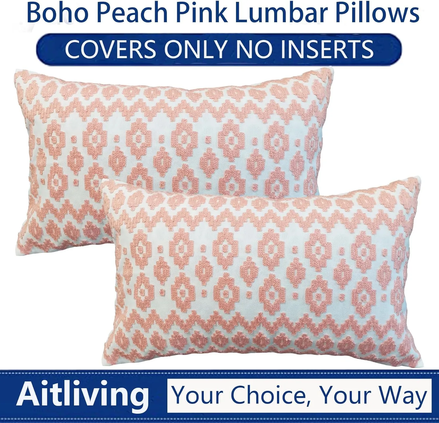Pack of 2 Throw Pillow Cover 12x20 inch Decorative Accent Lumbar Pillowcase Embroidered Geometric Peachy Pink Empire Diamonds Motif Nectar Peach Pink and White Chic Peach Patterned Cushion Covers