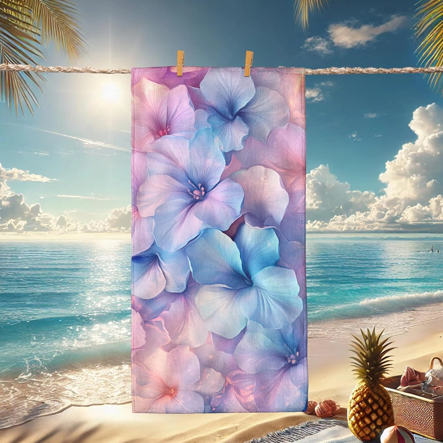 Pastel Floral Microfiber Beach Towel Peach Blue Botanical Flowers Bath Towel Quick Dry Absorbent Soft Sand Free Lightweight Beach Blanket Vacation Pool Picnic Essentials 62x31 Inch