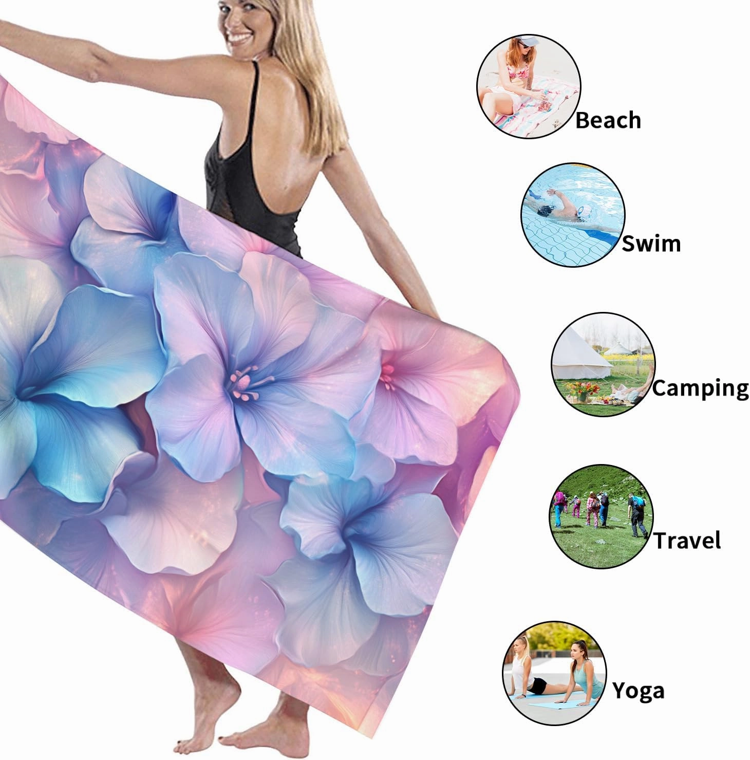 Pastel Floral Microfiber Beach Towel Peach Blue Botanical Flowers Bath Towel Quick Dry Absorbent Soft Sand Free Lightweight Beach Blanket Vacation Pool Picnic Essentials 62x31 Inch