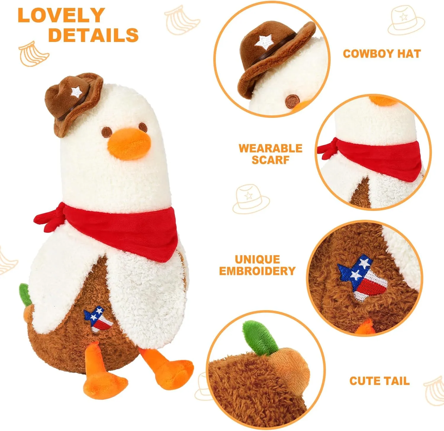 PEACH CAT Banana Duck Plush Pillow Wear Cowboy Hat Scarf Plushies Toy Cute Stuffed Animals Gifts for Kids White and Brown 19.7"