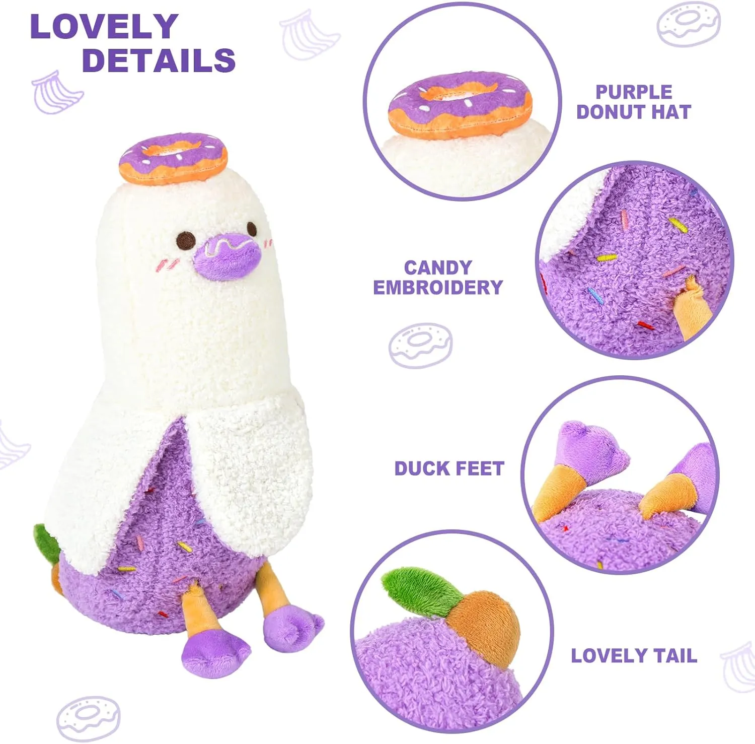 PEACH CAT Donut Banana Duck Plush Pillow with Candy Body Plushies Toy Cute Dessert Stuffed Animals Gifts for Kids Purple 19.7"