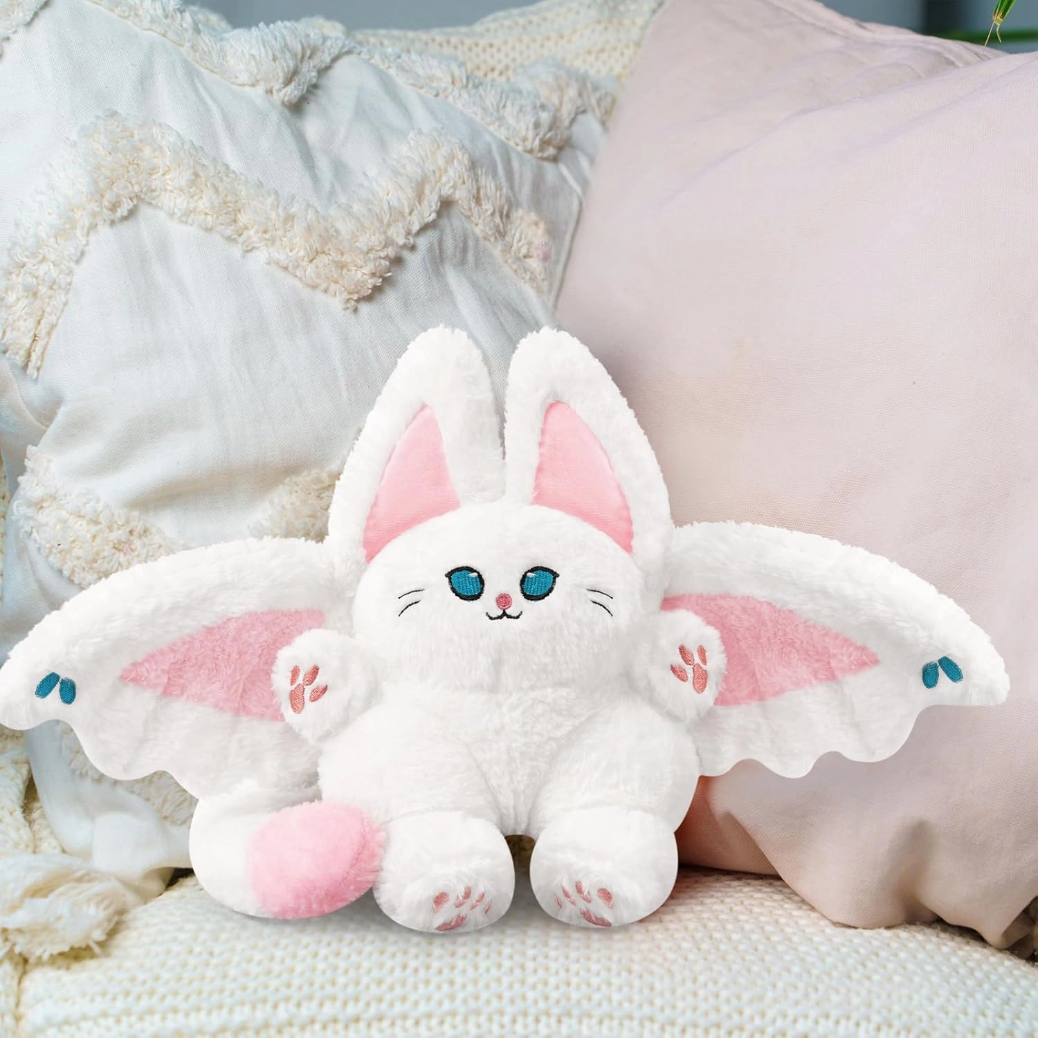 PEACH CAT Cute Bat Cat Plush Pillow Kawaii Bat Cat Stuffed Animal Toys for Kids White and Pink 12"