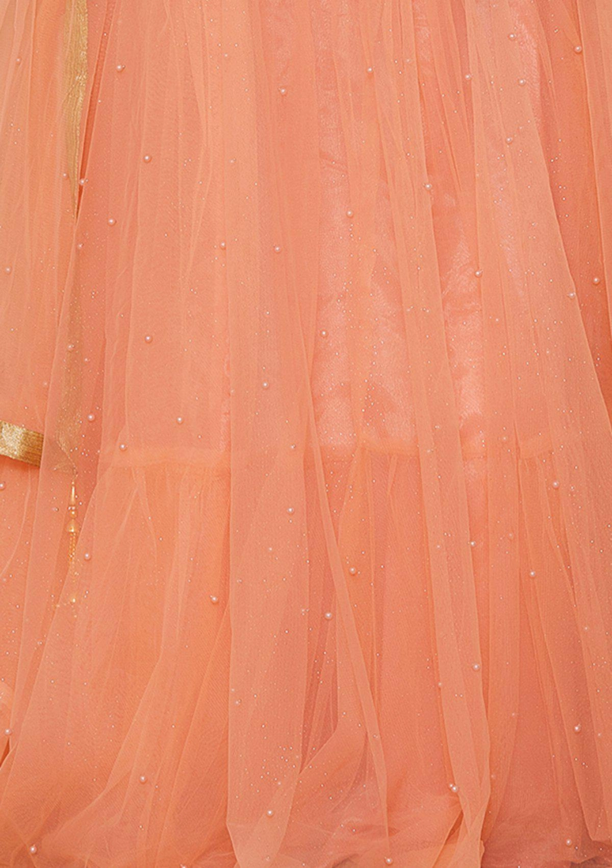 Peach Cutdana Soft Net Readymade Lehenga