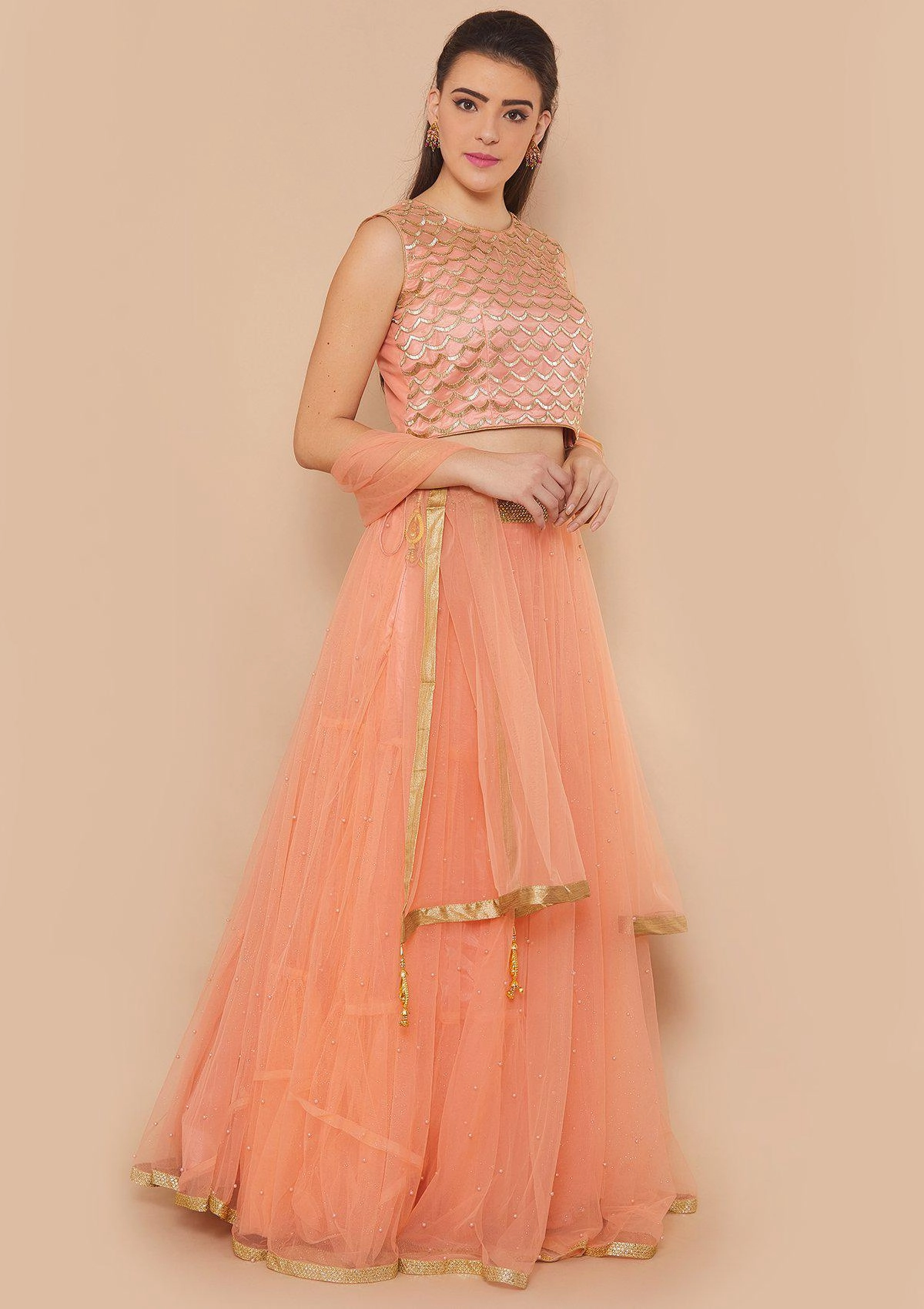 Peach Cutdana Soft Net Readymade Lehenga