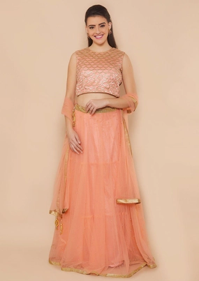 Peach Cutdana Soft Net Readymade Lehenga