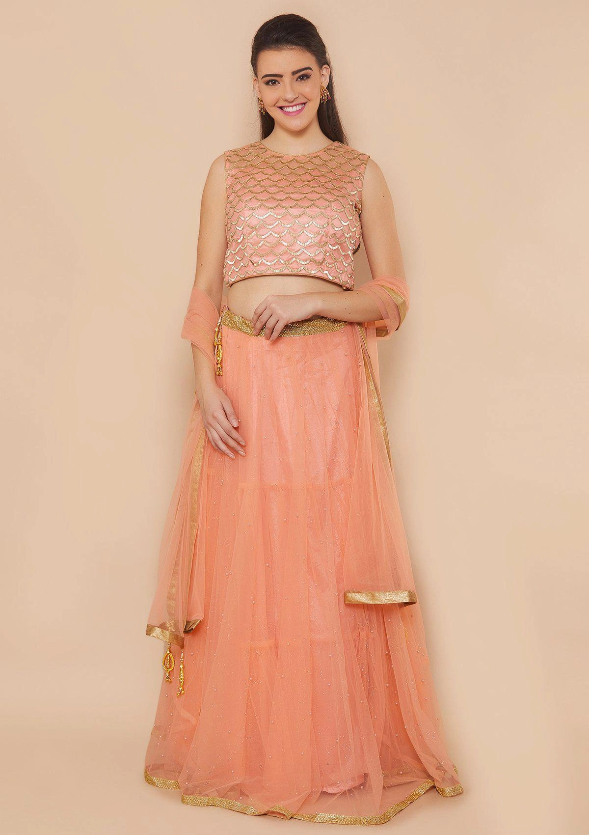 Peach Cutdana Soft Net Readymade Lehenga