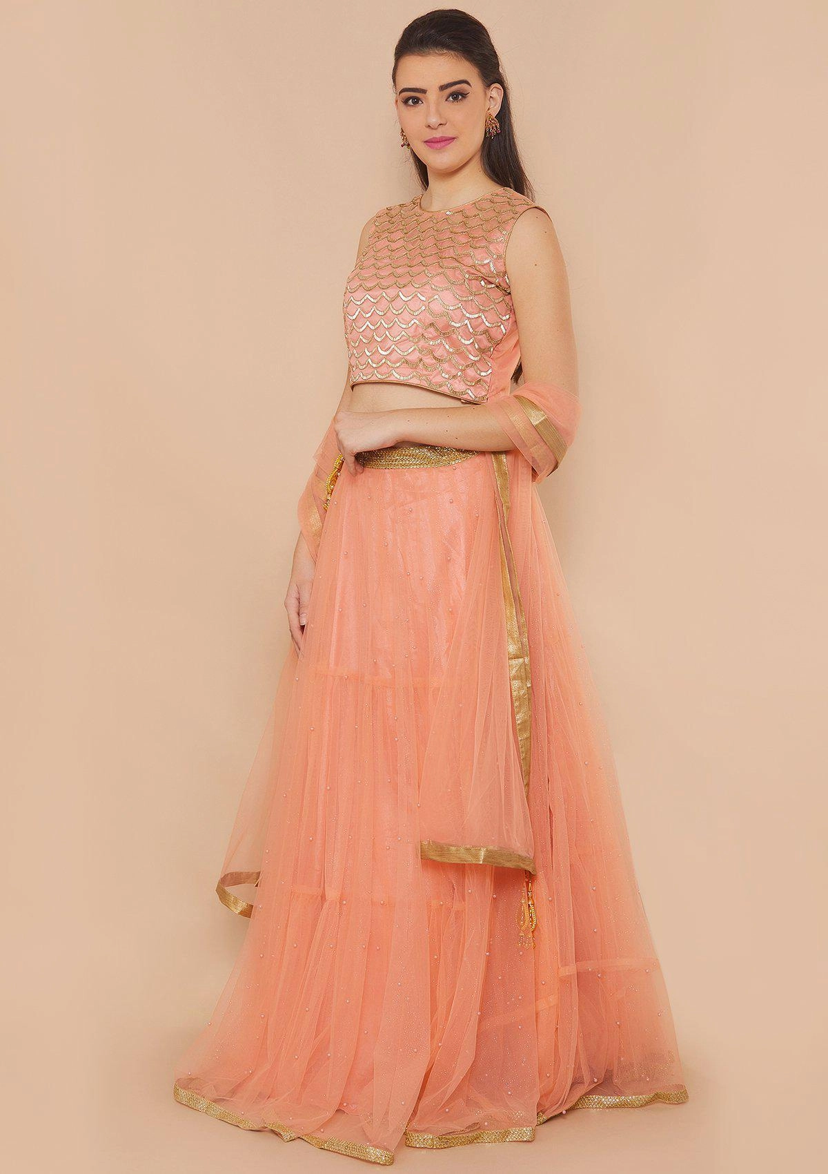 Peach Cutdana Soft Net Readymade Lehenga