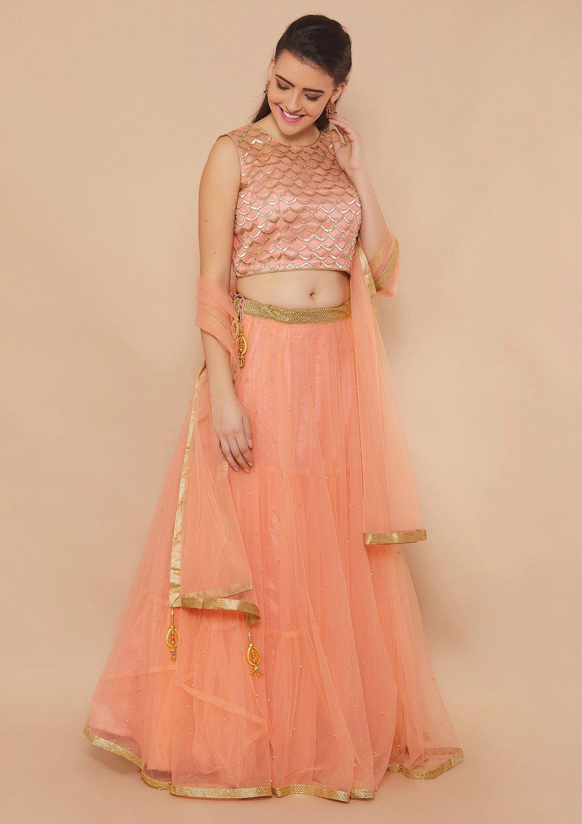 Peach Cutdana Soft Net Readymade Lehenga