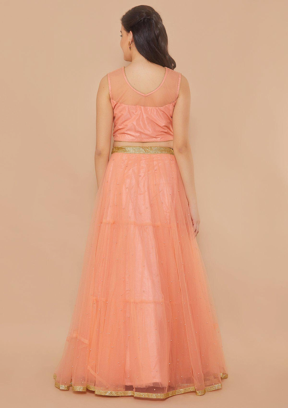 Peach Cutdana Soft Net Readymade Lehenga