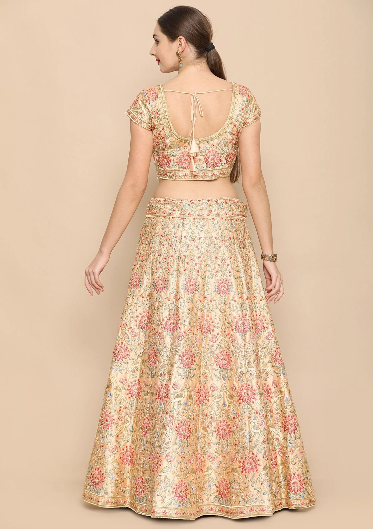 Peach Thread Work Soft Silk Semi Stitched Lehenga