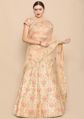 Peach Thread Work Soft Silk Semi Stitched Lehenga