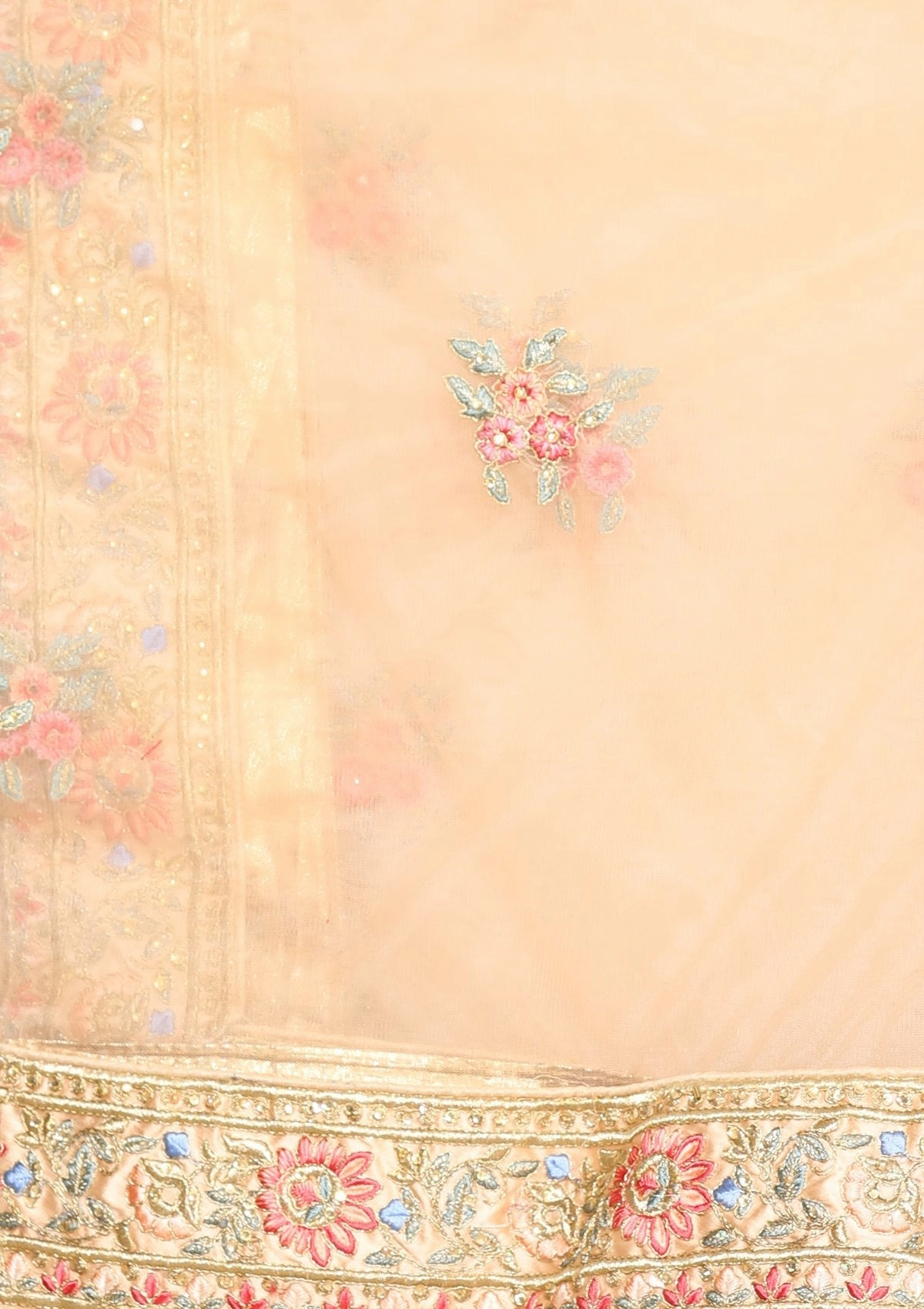 Peach Thread Work Soft Silk Semi Stitched Lehenga