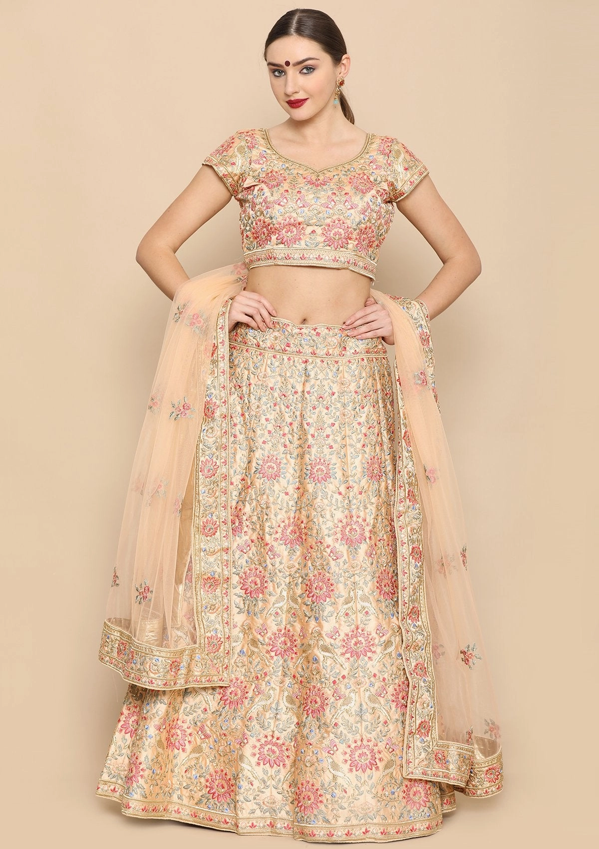 Peach Thread Work Soft Silk Semi Stitched Lehenga