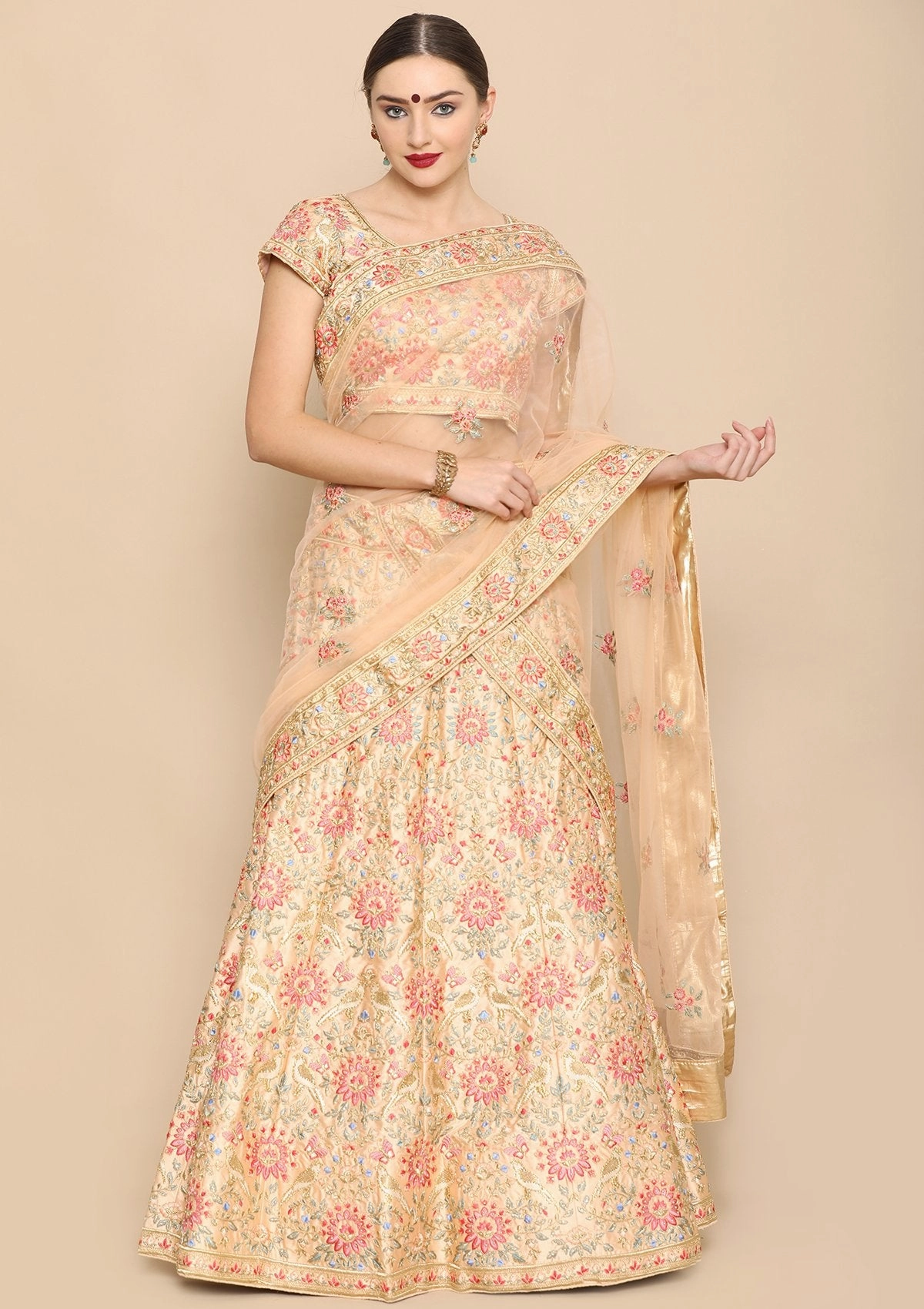 Peach Thread Work Soft Silk Semi Stitched Lehenga