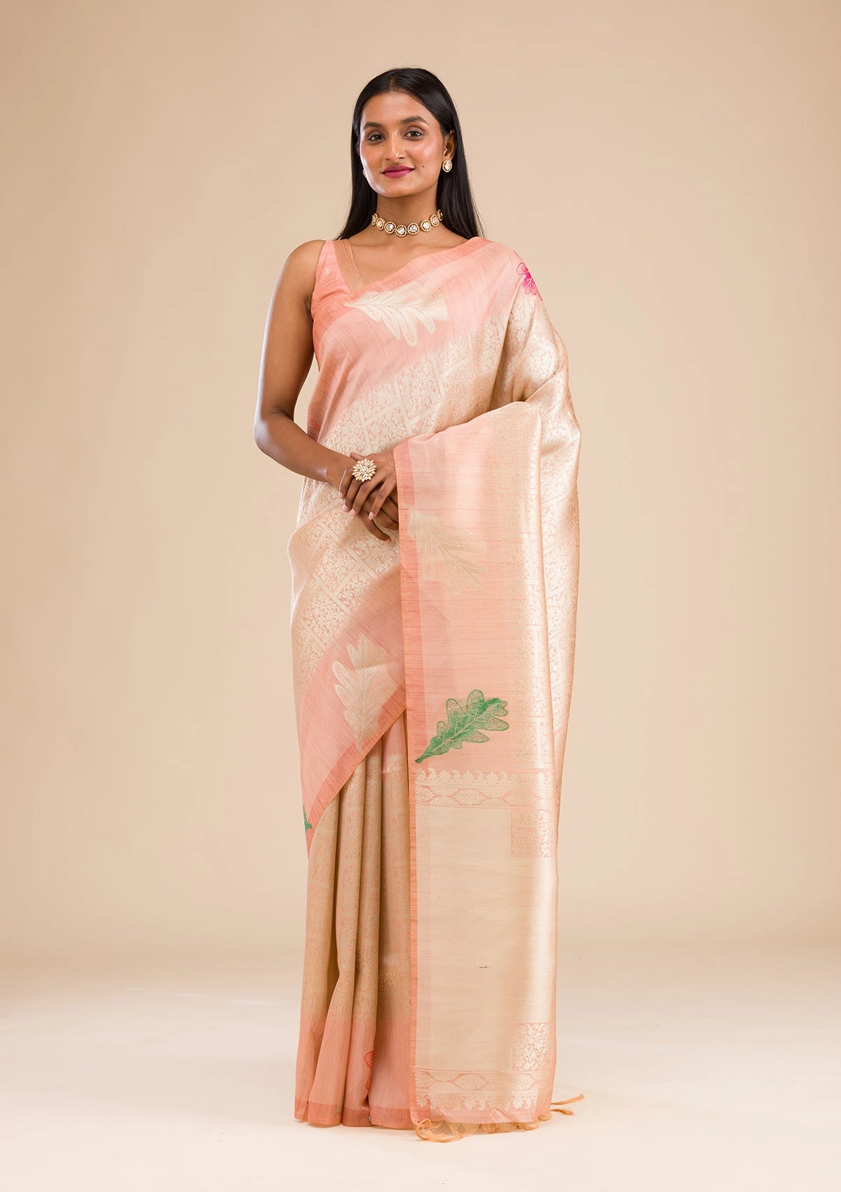 Peach Zariwork Soft Silk Saree