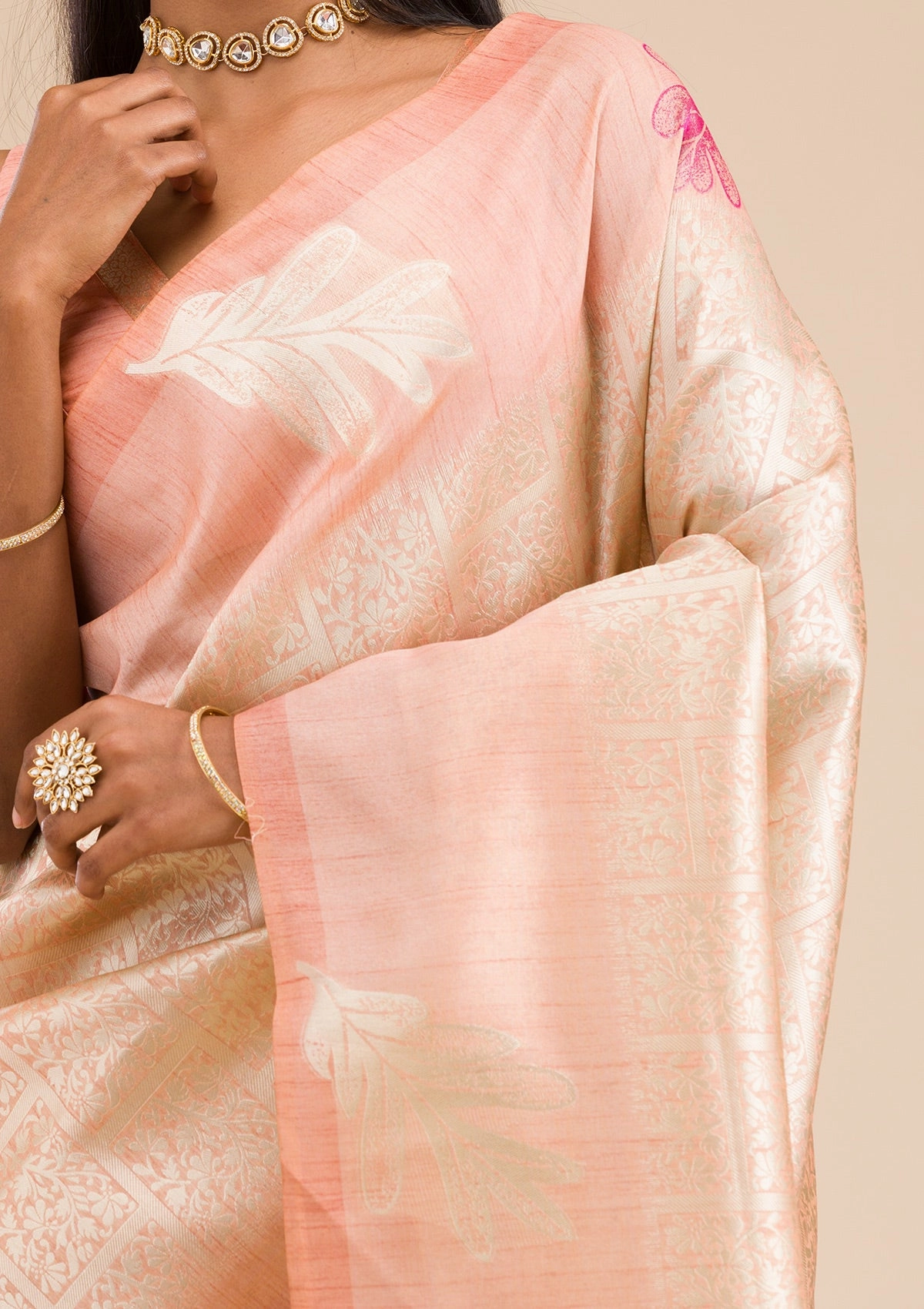 Peach Zariwork Soft Silk Saree
