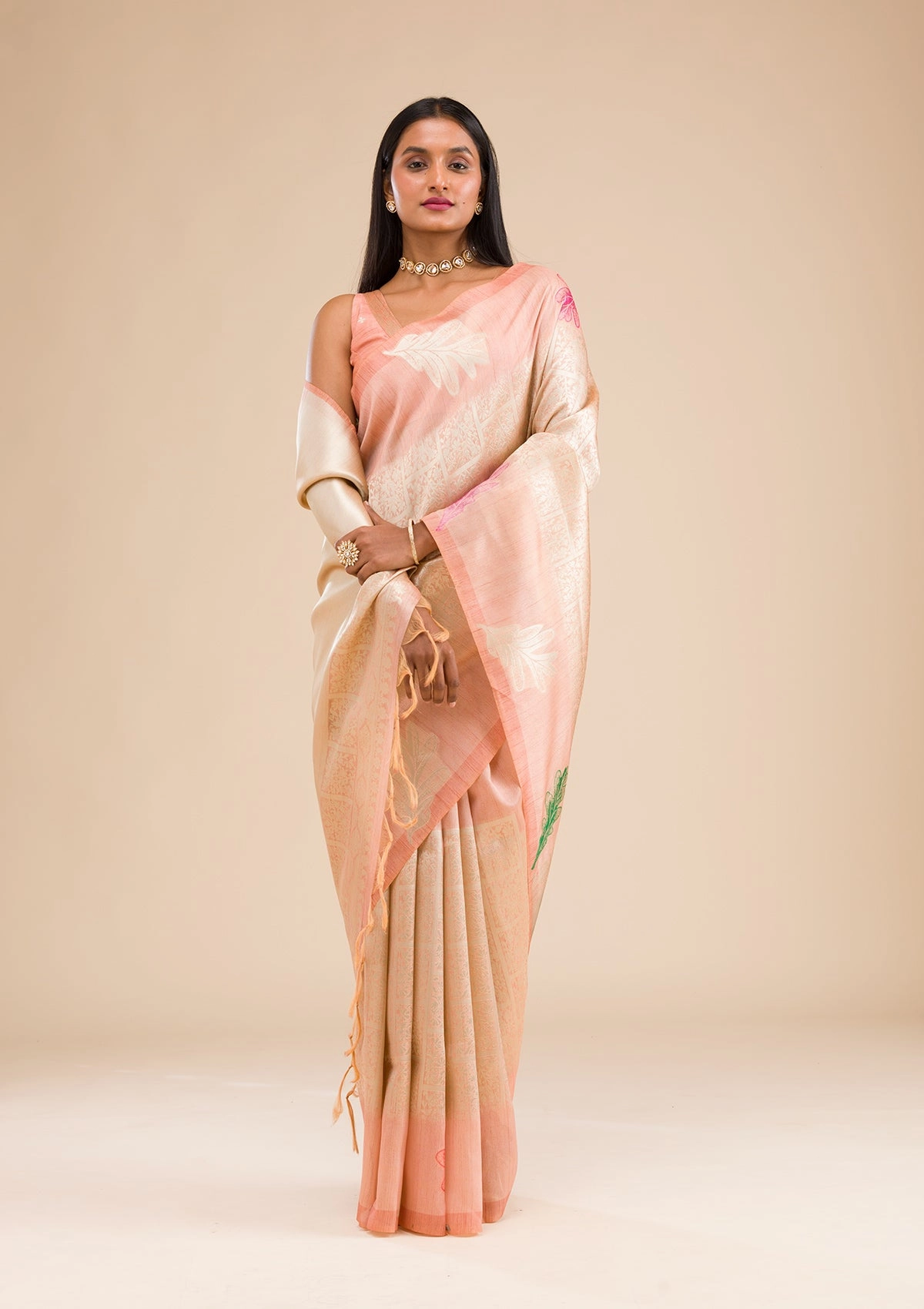 Peach Zariwork Soft Silk Saree