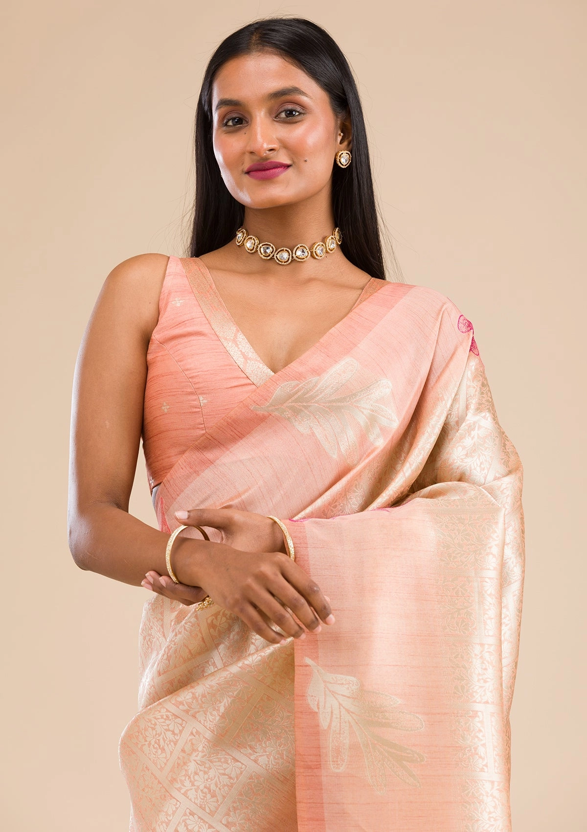 Peach Zariwork Soft Silk Saree