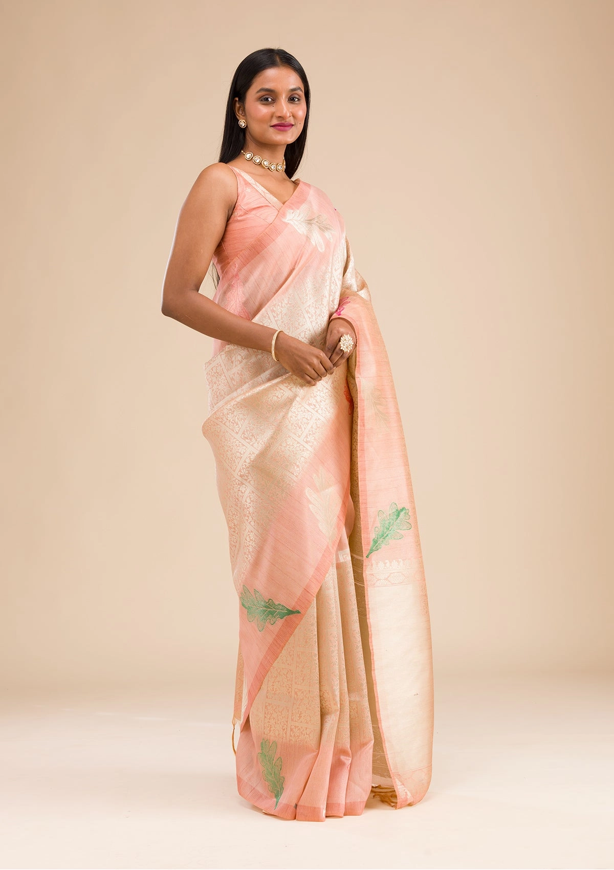 Peach Zariwork Soft Silk Saree