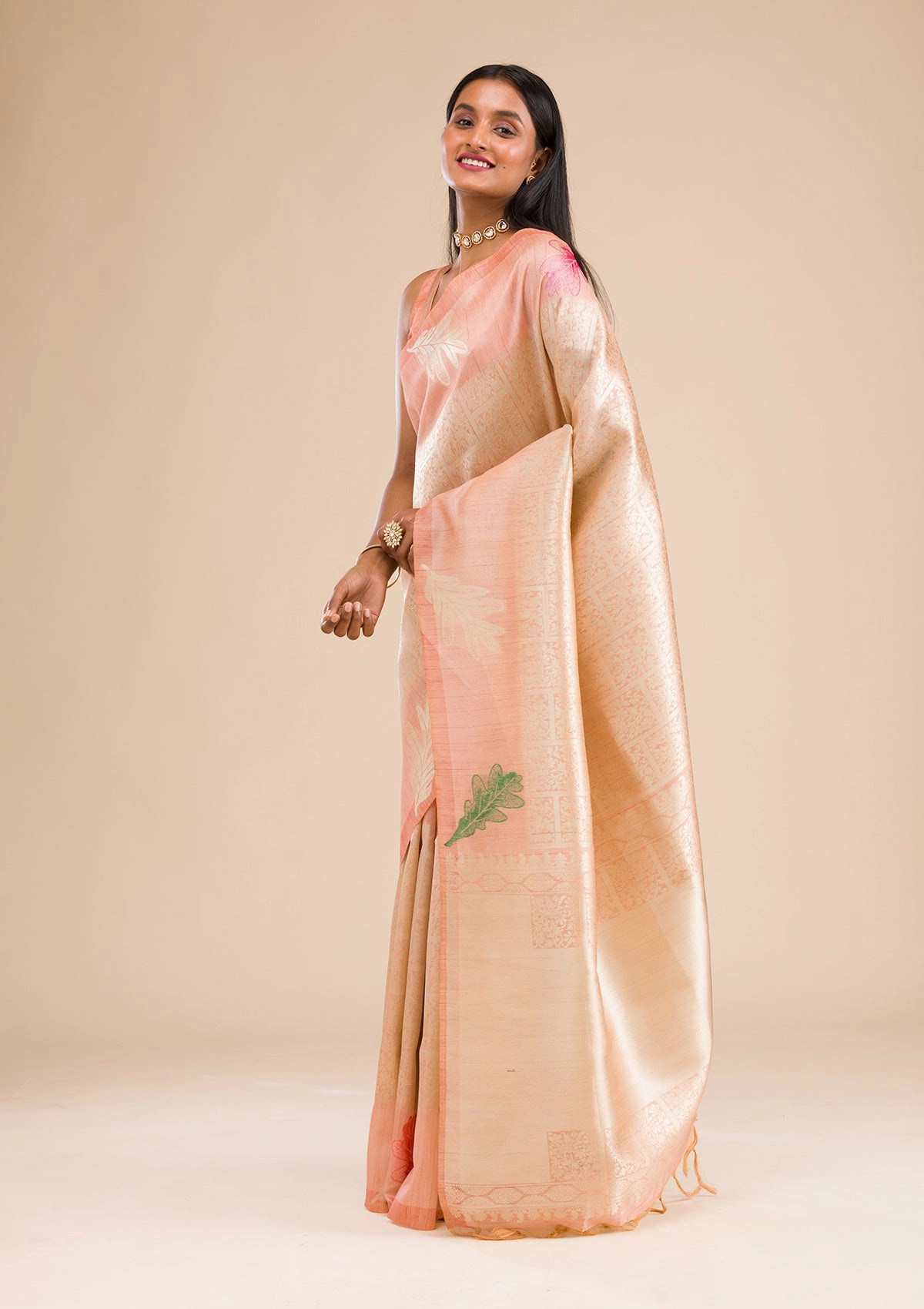 Peach Zariwork Soft Silk Saree