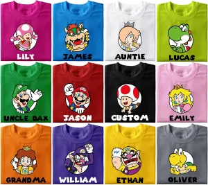 Personalized Friends Matching Tee, Customized Super Family Shirt, Birthday Shirt, Shirt Kart Shirts, Yoshi Bowser Jr Daisy Rosalina Peach Koopa Waluigi Wario Toad T Shirts