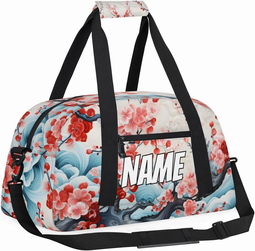 Personalized Custom Gym Bag for Women Men Carry on Peach Blossom Travel Duffel Tote Retro Cherry Overnight Workout Weekender Bag