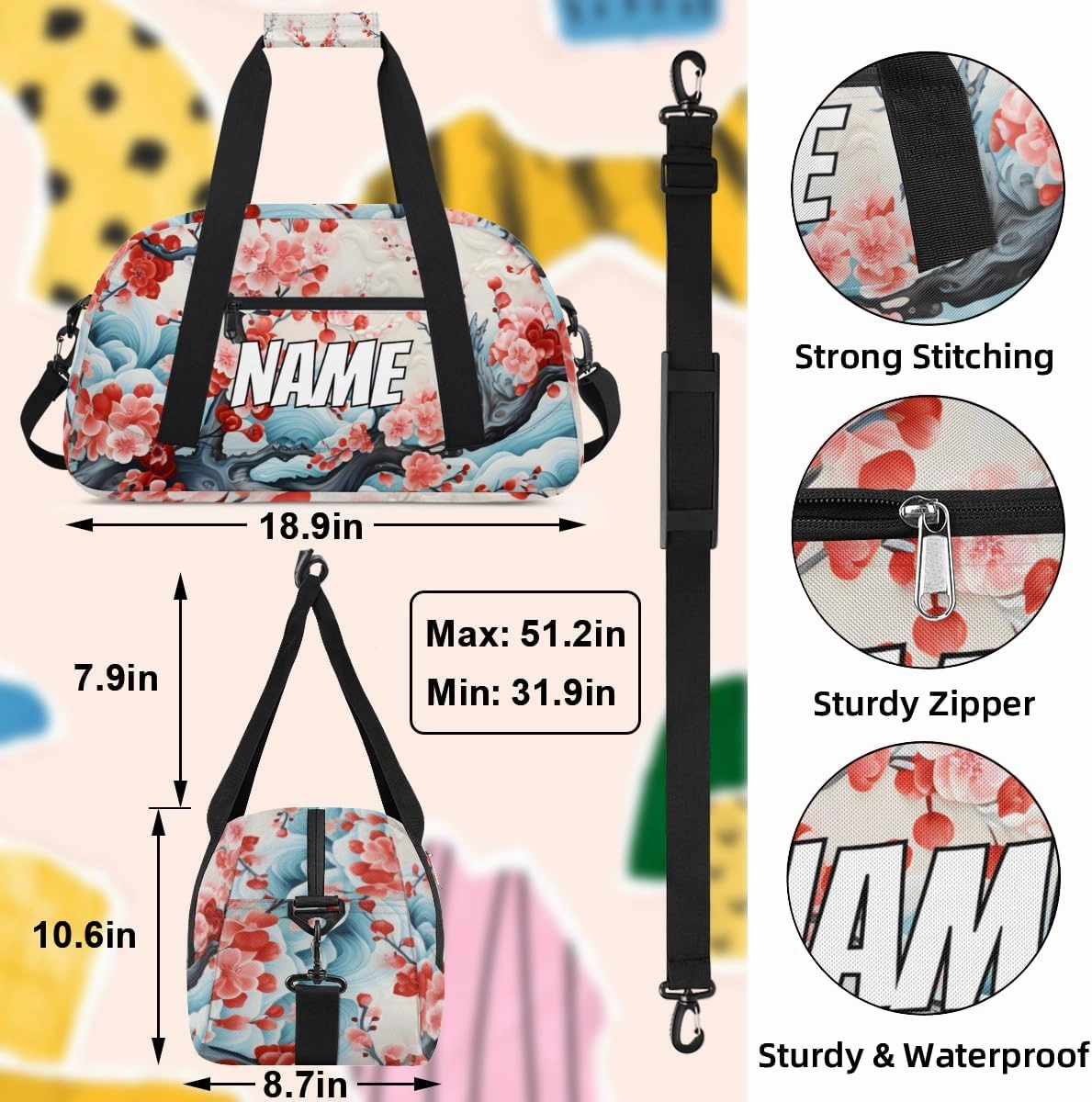 Personalized Custom Gym Bag for Women Men Carry on Peach Blossom Travel Duffel Tote Retro Cherry Overnight Workout Weekender Bag