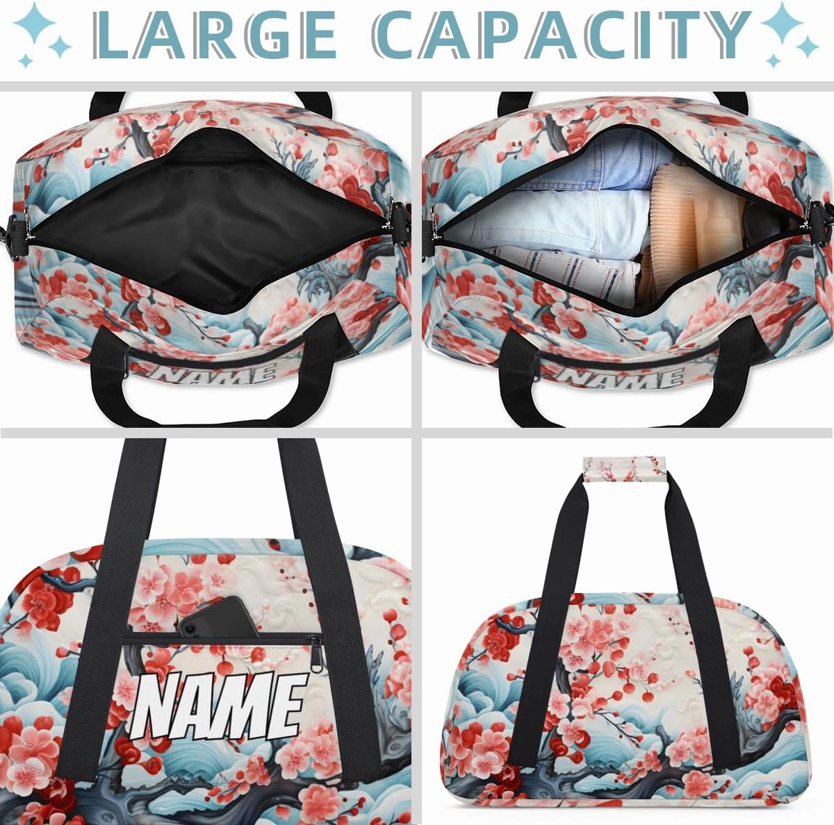 Personalized Custom Gym Bag for Women Men Carry on Peach Blossom Travel Duffel Tote Retro Cherry Overnight Workout Weekender Bag