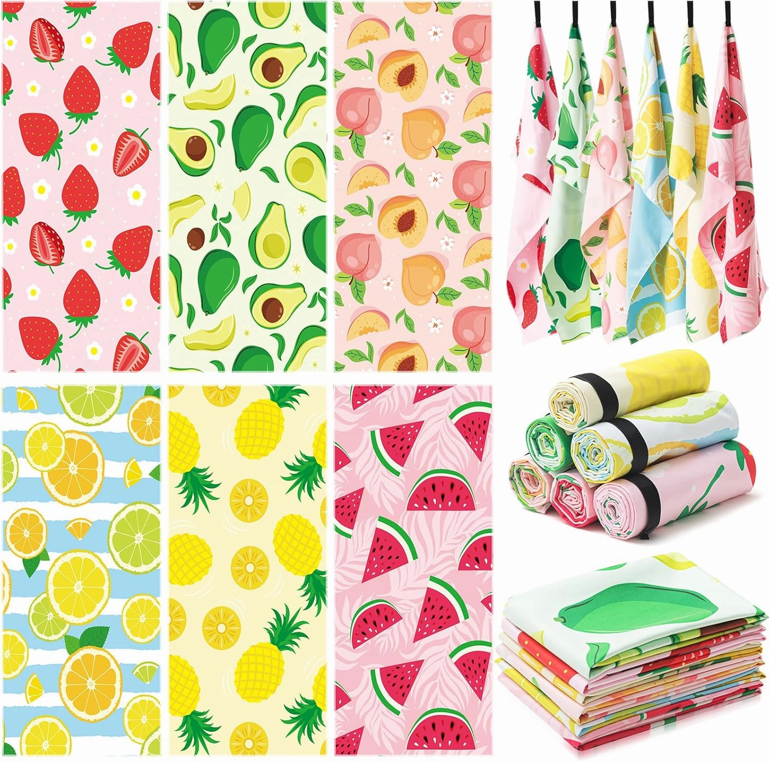 Peryiter 6 Pack Microfiber Quick Dry Gym Towel Cute Double Sided Printed Quick Drying Towel with Black Webbing Buckle Soft Lightweight Beach Towel for Women Bath Camping Swimming