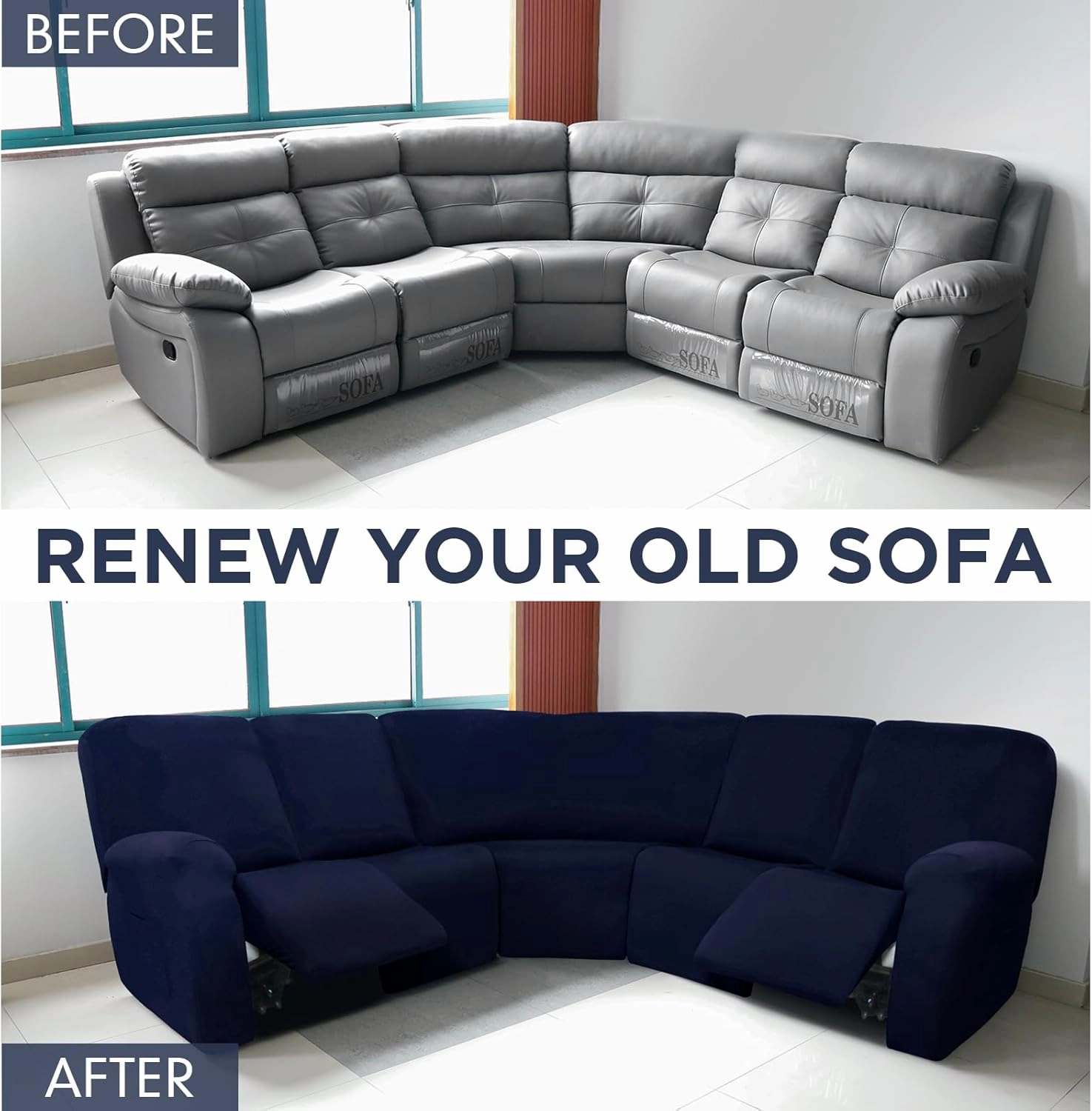 Peryiter 7 Pcs L Shape Sectional Recliner Sofa Covers 5 Seat Sectional Couch Covers Milk Silk Velvet Stretch Reclining Sofa Slipcover Furniture Protector for Living Room(Navy Blue,Milk Silk)
