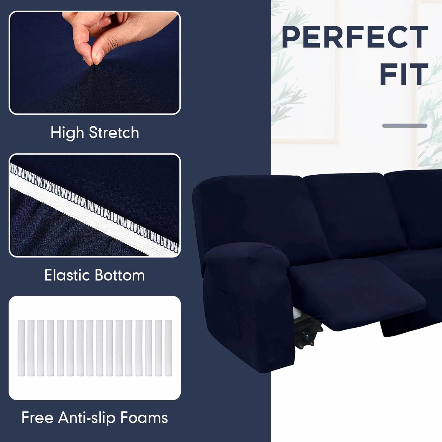 Peryiter 7 Pcs L Shape Sectional Recliner Sofa Covers 5 Seat Sectional Couch Covers Milk Silk Velvet Stretch Reclining Sofa Slipcover Furniture Protector for Living Room(Navy Blue,Milk Silk)