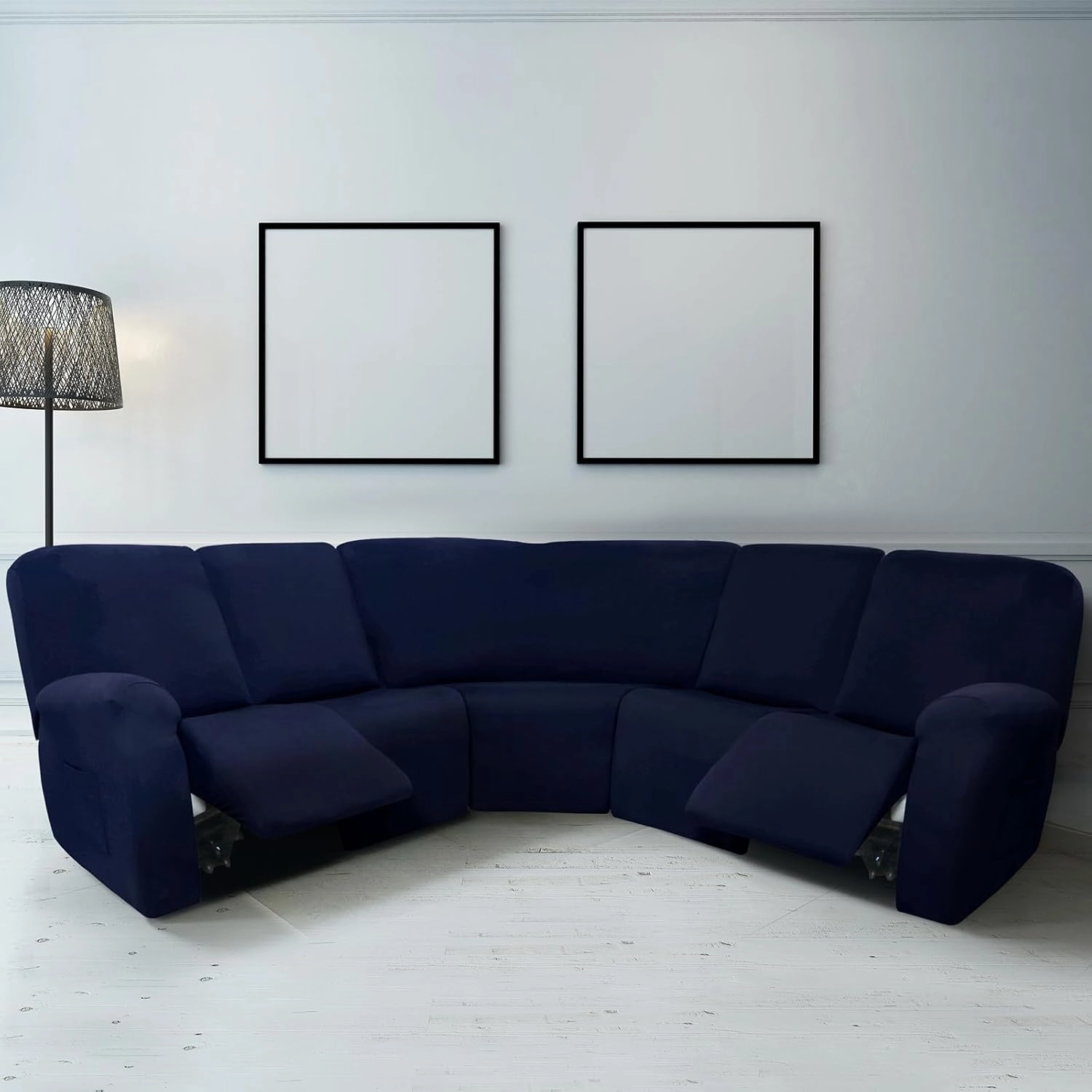 Peryiter 7 Pcs L Shape Sectional Recliner Sofa Covers 5 Seat Sectional Couch Covers Milk Silk Velvet Stretch Reclining Sofa Slipcover Furniture Protector for Living Room(Navy Blue,Milk Silk)