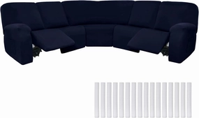 Peryiter 7 Pcs L Shape Sectional Recliner Sofa Covers 5 Seat Sectional Couch Covers Milk Silk Velvet Stretch Reclining Sofa Slipcover Furniture Protector for Living Room(Navy Blue,Milk Silk)