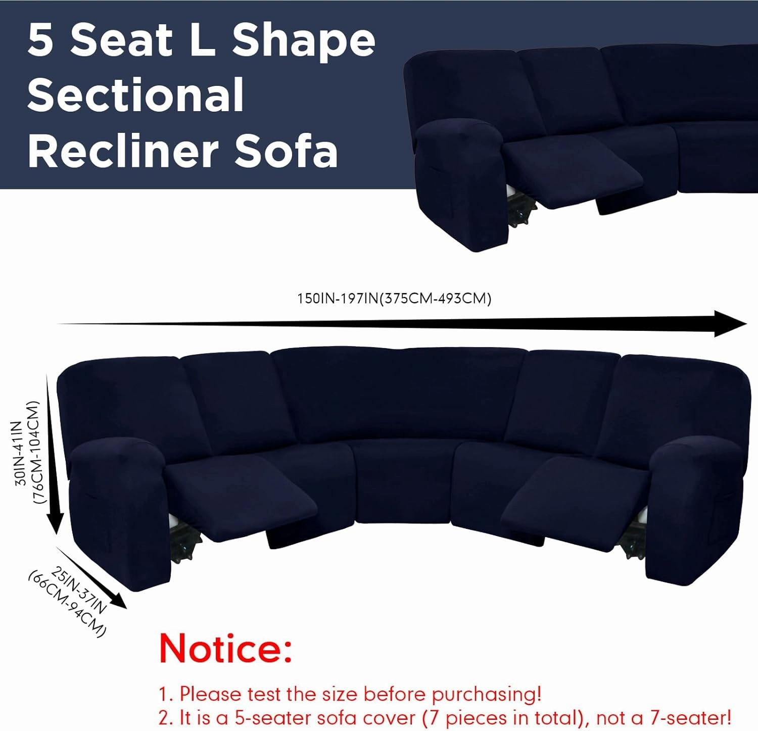 Peryiter 7 Pcs L Shape Sectional Recliner Sofa Covers 5 Seat Sectional Couch Covers Milk Silk Velvet Stretch Reclining Sofa Slipcover Furniture Protector for Living Room(Navy Blue,Milk Silk)