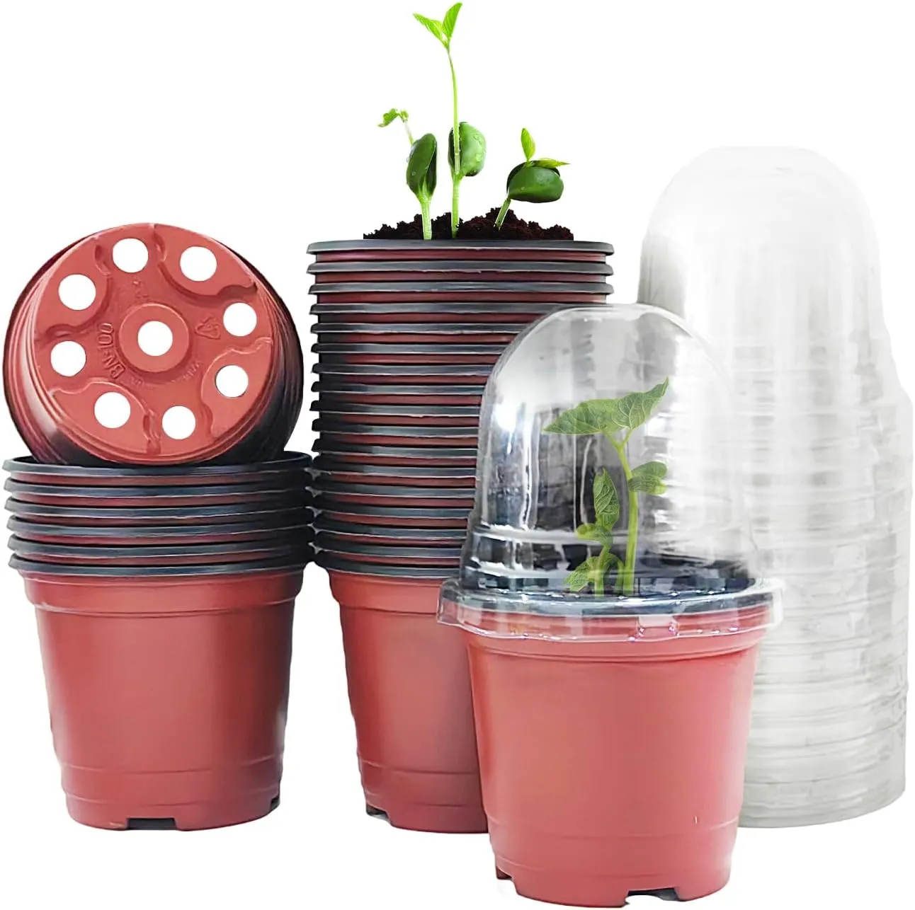 Plant Nursery Pots with Humidity Domes, 25 Sets 4 Inch Soft Nursery Pots Quality Ones (25 Red Pots   25 Clear Lids), Seeds Starter Pots Small Planter Containers