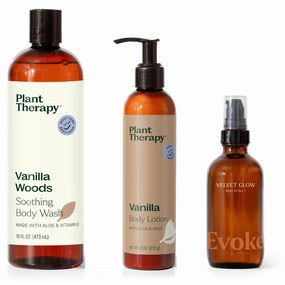 Plant Therapy Vanilla Body Lotion with Aloe and Shea 8 oz & Vanilla Woods Natural Body Wash 16 oz & Evoke Velvet Glow Body Oil 4 oz Ultra Hydrating & Quick Absorption for Silky Soft Skin