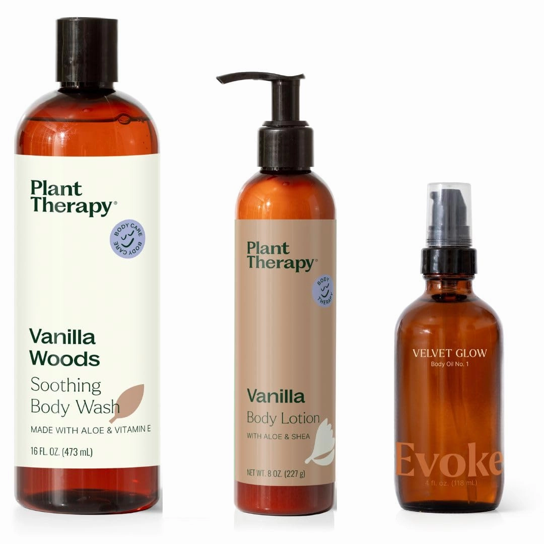 Plant Therapy Vanilla Body Lotion with Aloe and Shea 8 oz & Vanilla Woods Natural Body Wash 16 oz & Evoke Velvet Glow Body Oil 4 oz Ultra Hydrating & Quick Absorption for Silky Soft Skin