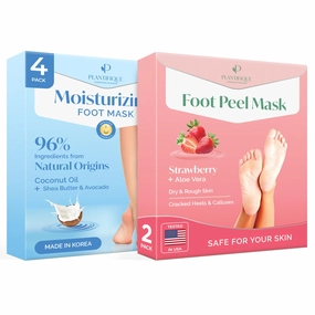 PLANTIFIQUE Korean Foot Mask with Shea Butter 4 Pairs box for Dry & Cracked Feet and Foot Peeling Mask 2 Pack Strawberry