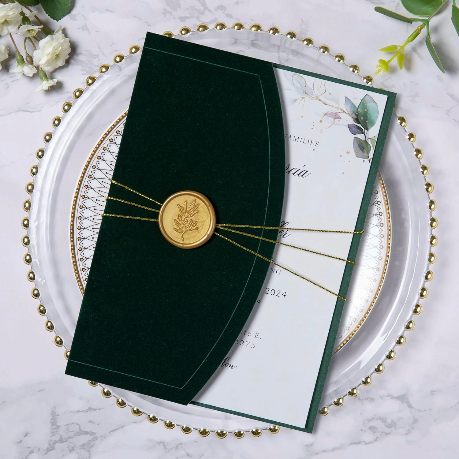 PONATIA 20PCS Wedding Invitation Cards Kits - 5x7 Emerald Green Velvet Wrap Invitation Pocket with Envelopes, Gold Wax Seals, Ribbons for Weddings, Baby Shower, Birthday, XV Anos, Quinceanera Invitation