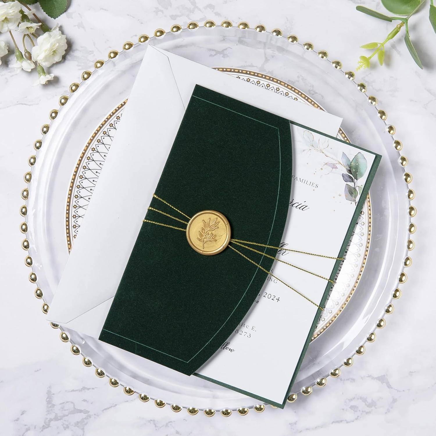PONATIA 20PCS Wedding Invitation Cards Kits - 5x7 Emerald Green Velvet Wrap Invitation Pocket with Envelopes, Gold Wax Seals, Ribbons for Weddings, Baby Shower, Birthday, XV Anos, Quinceanera Invitation