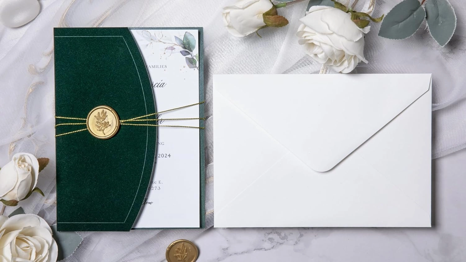 PONATIA 20PCS Wedding Invitation Cards Kits - 5x7 Emerald Green Velvet Wrap Invitation Pocket with Envelopes, Gold Wax Seals, Ribbons for Weddings, Baby Shower, Birthday, XV Anos, Quinceanera Invitation
