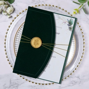 PONATIA 20PCS Wedding Invitation Cards Kits - 5x7 Emerald Green Velvet Wrap Invitation Pocket with Envelopes, Gold Wax Seals, Ribbons for Weddings, Baby Shower, Birthday, XV Anos, Quinceanera Invitation