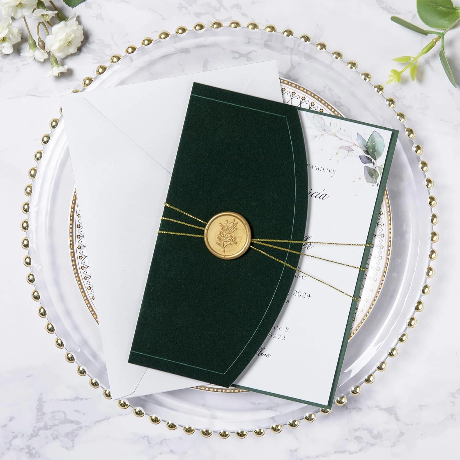 PONATIA 20PCS Wedding Invitation Cards Kits - 5x7 Emerald Green Velvet Wrap Invitation Pocket with Envelopes, Gold Wax Seals, Ribbons for Weddings, Baby Shower, Birthday, XV Anos, Quinceanera Invitation